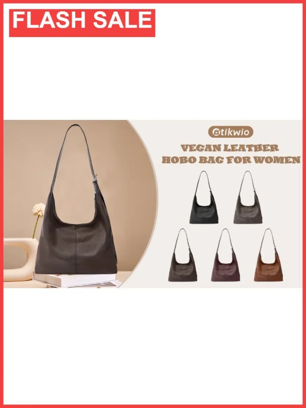 Large Hobo Bag Vegan Leather Slouchy Shoulder Tote with Zipper